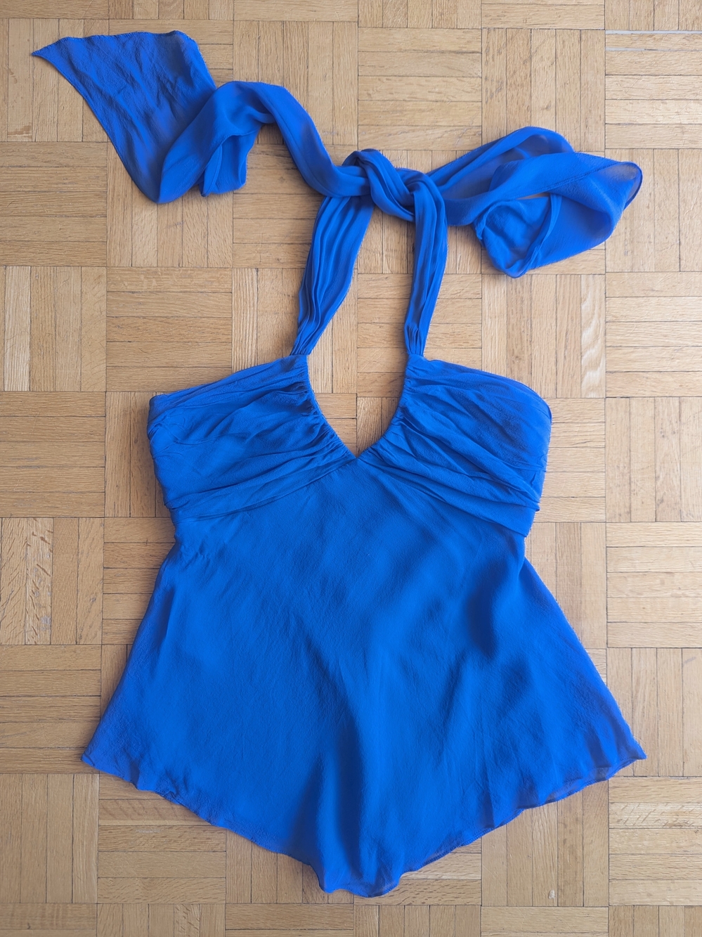 Blue Silk Halter Tie Women's Top